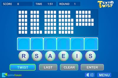A game screen with the word "twist" on it.